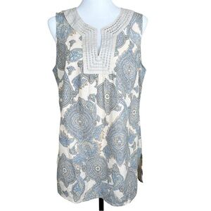 Telluride Clothing Co Women’s L Linen Blend Tan Blue Paisley Sleeveless Blouse
